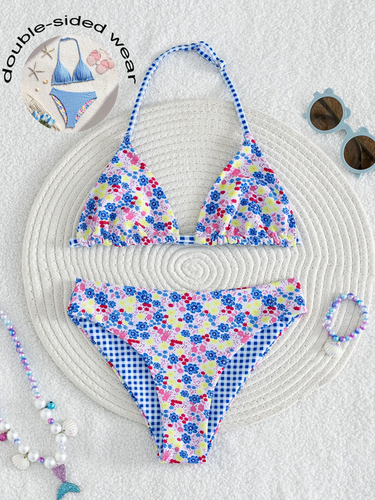 Girls' Reversible Floral & Blue Gingham Bikini Set
