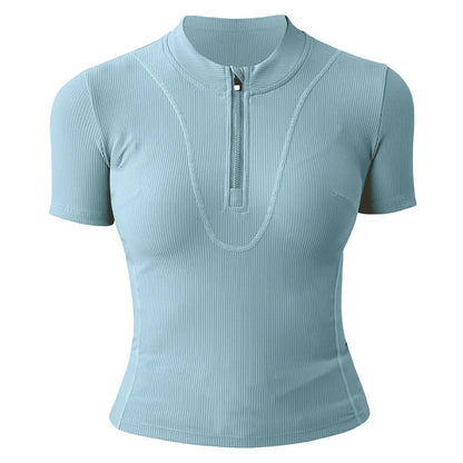 Aiithuug Women Slim Fit Gym Shirts Half Zip Workout Tops Quarter Zip Fitness Shirt Running Quicky Dry Short Sleeve Yoga Tops