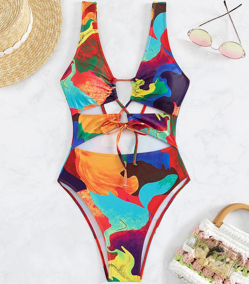 One Piece Swimsuit Women Colorful Monokini Swimwear Bathing Suits Deep V Backless Slimming Bodysuit Swimming Suit