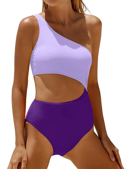 One Shoulder Solid One Piece Swimsuit Women Color Block Hollow Swimwear Female Bathers Bathing Swim Suit Padded Beachwear