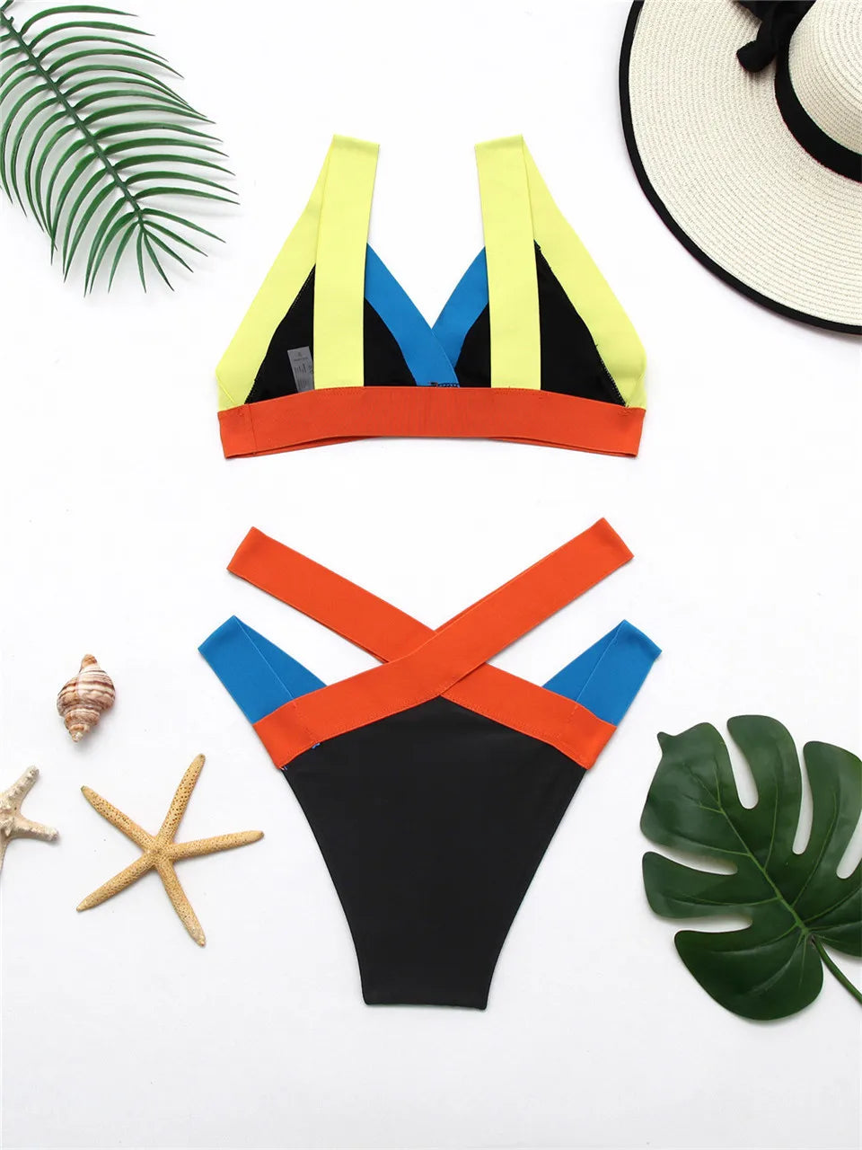 High Waist Bikini Strapped Swimsuit Block Color Women Solid Swimwear Female Bathers Bathing Swimming Suit Beachwear Summer