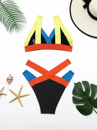 High Waist Bikini Strapped Swimsuit Block Color Women Solid Swimwear Female Bathers Bathing Swimming Suit Beachwear Summer