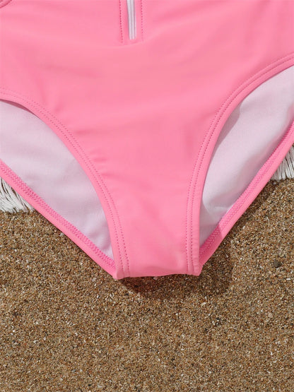 One Piece Girls Swimsuit Pink Print Long Sleeve Children Swimwear Summer Hollow Out Kids Beach Swimming Bathing Suit