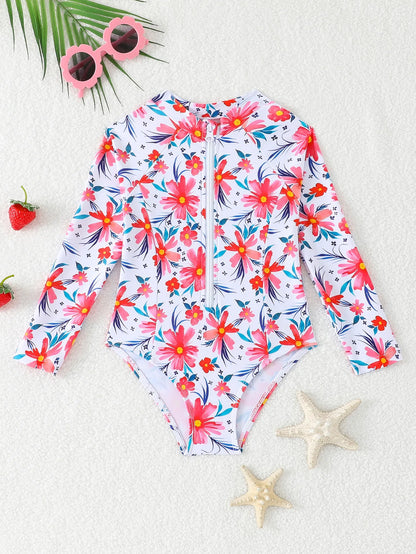 Print Girls One Piece Swimsuit 4-7 Year Kids Swim Suit Toddlers Children's Swimwear Long Sleeve Surfing Bathing Suits Beach