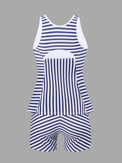 Hollow Out Swimsuit Women Stripe Print Swimwear Summer Beachwear High Waist Tankini Female Bathers Swimming Bathing Suit