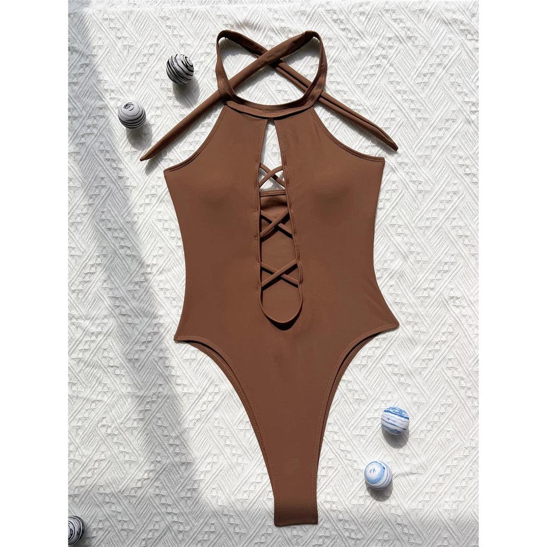 S - XL 7 Colors Lace Up High Neck Full Back Women Swimwear One Piece Swimsuit Female High Leg Cut Bather Bathing Suit Swim