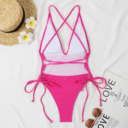 Solid Swimwear Women Strapped Push Up One Piece Swimsuit Beach Lady Monokini Cross Backless Bathing Suit