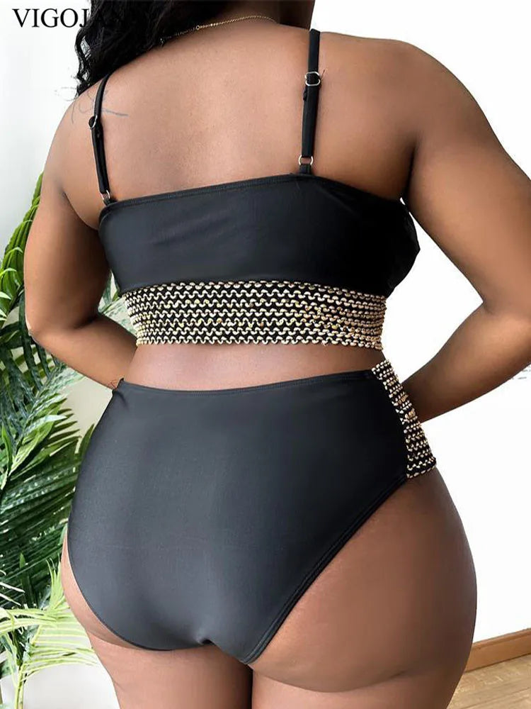 Patchwork Hollow Two Piece Plus Size Bikini Women Strapped High Waist Swimsuit Brazilian Beach Lady Bathing Suit