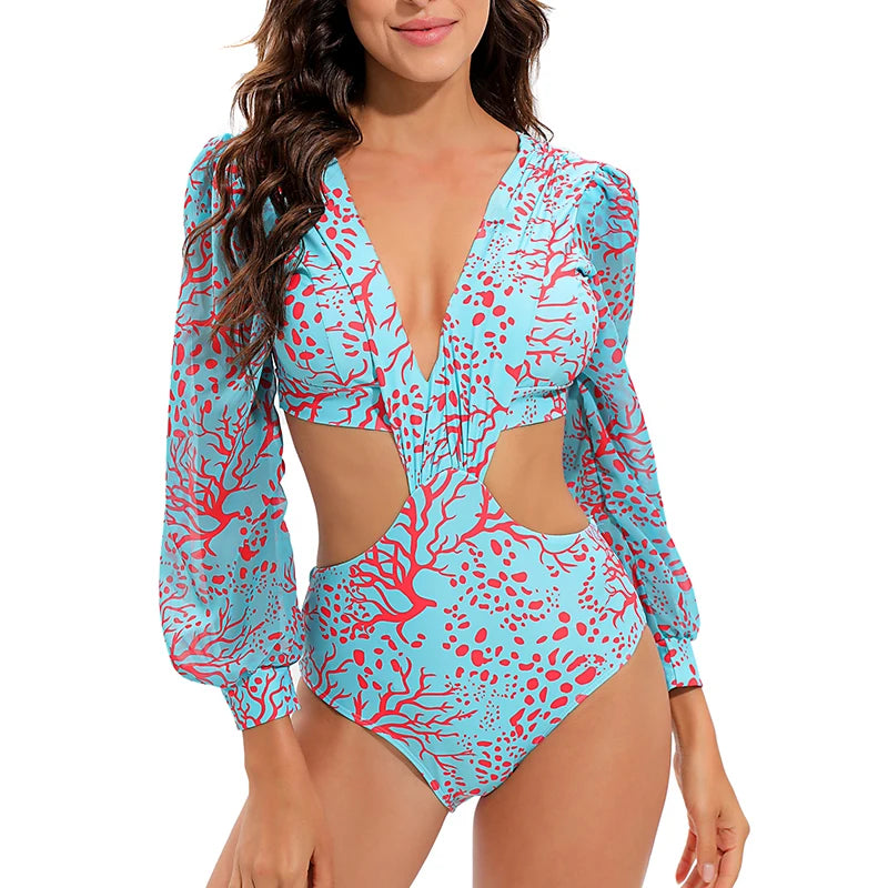 One Piece Monokini Vintage Women Long Sleeve Swimwear Cut Out Swimsuit Deep V Monokini Surfing Beachwear
