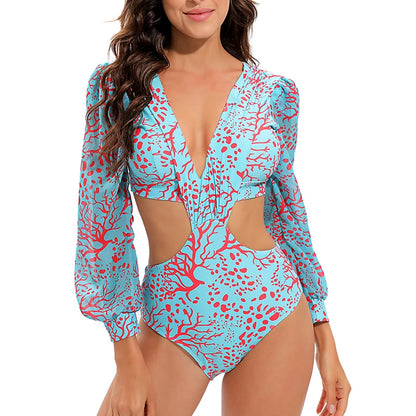One Piece Monokini Vintage Women Long Sleeve Swimwear Cut Out Swimsuit Deep V Monokini Surfing Beachwear