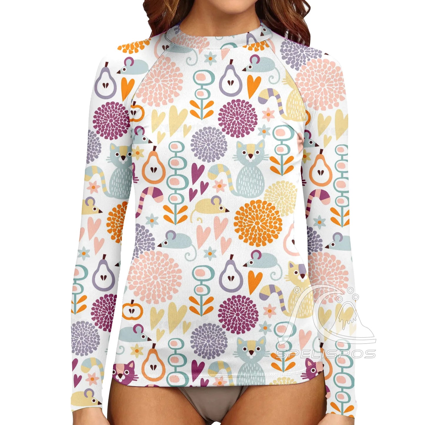 SPELISPOS Women's Long Sleeve Surfing Suit UV Protection Water Sports Tight Swimwear Beachwear Print High-Elastic Surf Wear