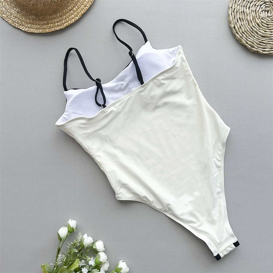 Splicing Solid High Leg Cut One Piece Swimsuit Women Swimwear Female Monokini Padded Bather Bathing Suit Swim