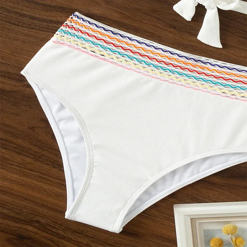 Cross Wrap Ribbed Bikinis Women Swimwear Female Swimsuit Two Piece White High Waist Bikini Set Bather Bathing Suit