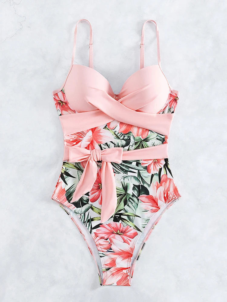 Solid Patchwork Swimwear Women Cross Push UP One Piece Swimsuit Monokini Backless Beach Lady Bathing Suit