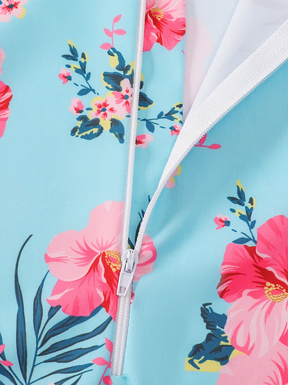 Girls Swimsuit One-Piece Long Sleeve Pink Floral Print Swimwear Beach Style Kids Tween Swim Rash Guard Summer