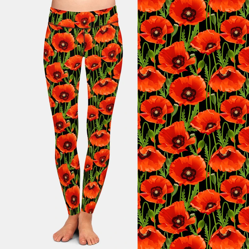 3D Poppies Flowers Print Women Stretch Pants Fashion High Waist Fitness Slim Soft Legging