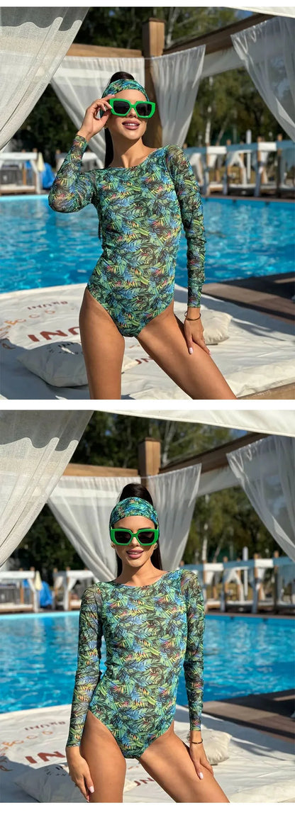 Mesh High Waist Swimsuit Women Summer Bathing Suit Bikini Set Long Sleeve Swimwear Beach Swimming Suit For Female