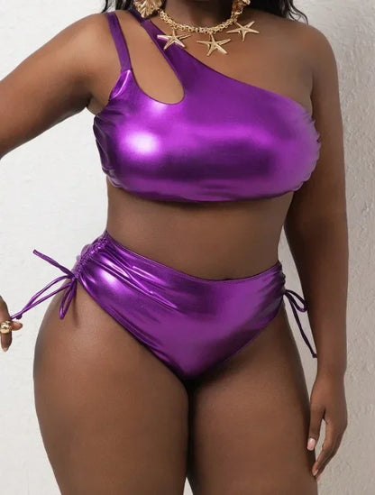 Plus Size Bikini Set Pure Color Foil Luminous Fabric Two Piece Swimsuit Women's Fashion Beachwear Swimwear