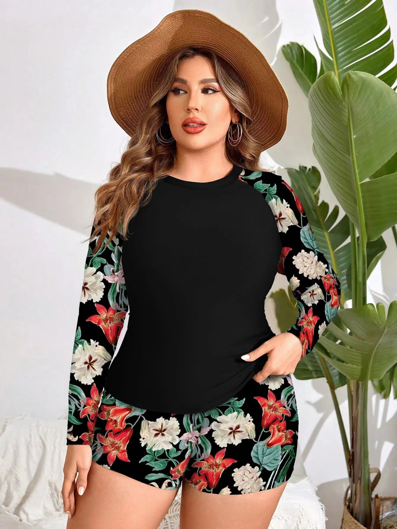 Women's Long Sleeves Tankini Swimwear, Solid Printed Boxers Swimsuit Bathing Suit, Beachwear, Plus Size