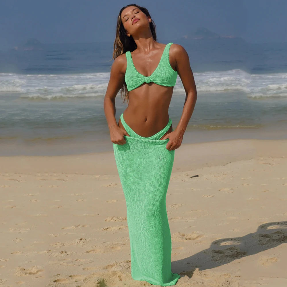 Pieces Bikini Set Summer Beach Wear Triangle  Micro Bikinis Swimsuit With Beach Skirt Swimwear Cover-up Biquini