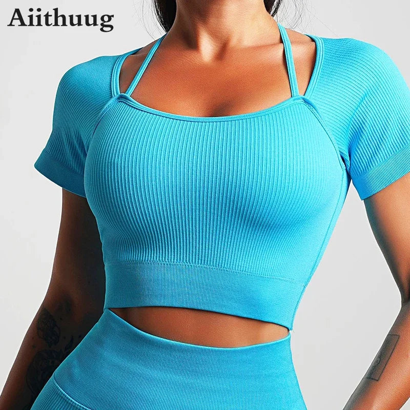 2 in 1 Padded Bra Yoga Crop Short Sleeve Ribbed Gym Crop Top Yoga Crops Fitness Bra Short Sleeve Wrokout Tops Sports