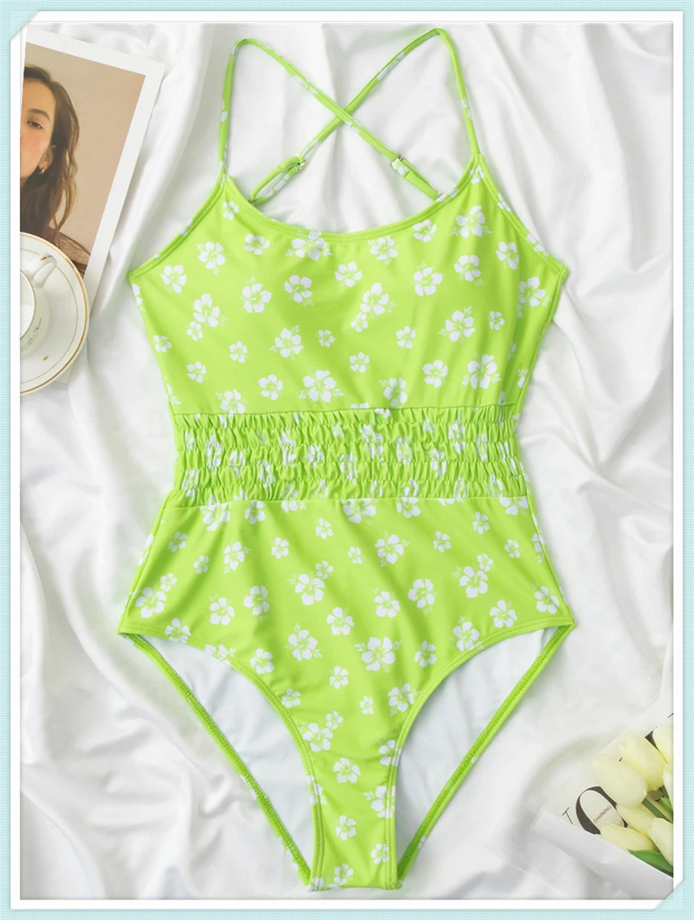 Straped Criss Back One Piece Swimsuit Vintage Swimwear Women Floral Print Bathing Suit Female Front Fold Beachwear Bodysuit