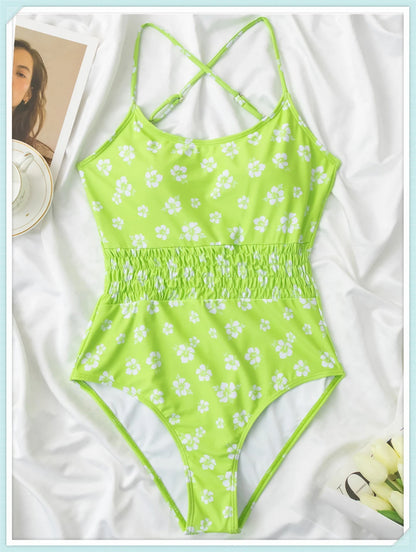 Straped Criss Back One Piece Swimsuit Vintage Swimwear Women Floral Print Bathing Suit Female Front Fold Beachwear Bodysuit
