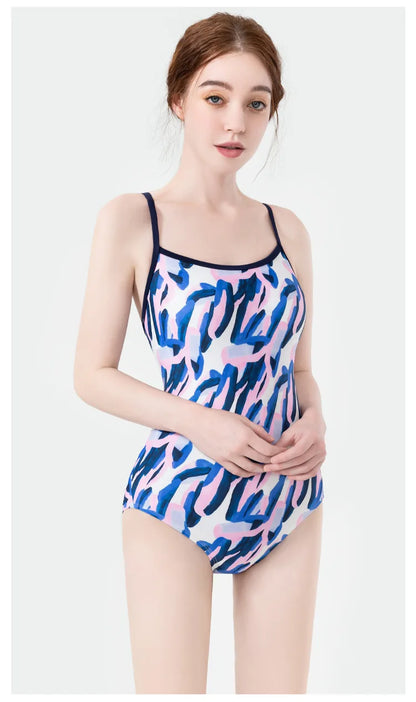 Women Vintage Racing One-piece Swimwear Sun Protection Professional Competition Flower Printed Swimsuit Training Bikini