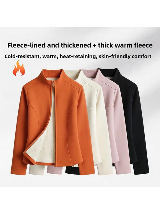 Women's Fleece Lined Slim Fit Yoga Jacket Stand Collar Thickened Zipper Short Coat Warm Fitness Outerwear for Autumn Winter