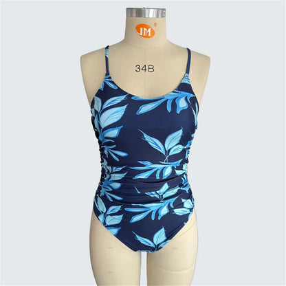 S - XXL Leaves Printed Wrinkled Women Swimwear One Piece Swimsuit Female High Leg Cut Monokini Bather Bathing Suit Swim