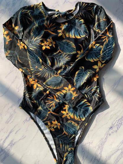 Tropical Print Long Sleeve Swimwear Women Backless Hollow One Piece Swimsuit Monokini Brazilian Beach Bathing Suit