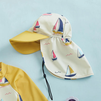 Children Swimsuit with Caps Fashion Sailboat Print Zip Up Long Sleeve Crew Neck Baby Boy Girl Swimwears Beach Wear