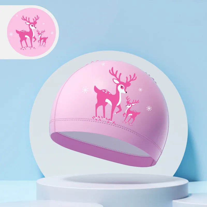 Children's Swimming Caps Boys Girls Kids Cartoon Swim Hat High Elastic Ear Protection PU Waterproof Swimming Cap