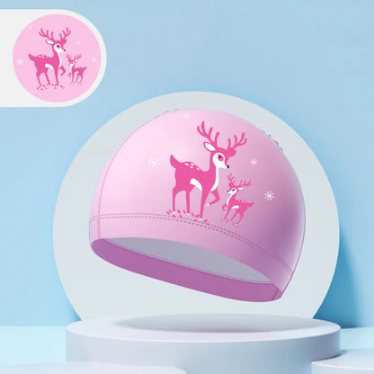 Children's Swimming Caps Boys Girls Kids Cartoon Swim Hat High Elastic Ear Protection PU Waterproof Swimming Cap