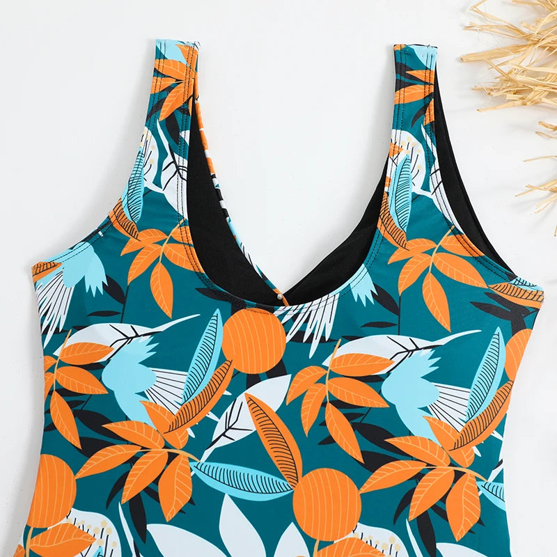Tropical Print Swimsuit One Piece Knot Side Belted Swimwear Women Padded Bathing Suit Female Swimming Summer Beachwear