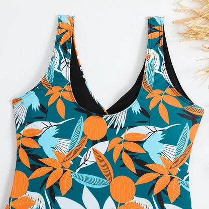 Tropical Print Swimsuit One Piece Knot Side Belted Swimwear Women Padded Bathing Suit Female Swimming Summer Beachwear