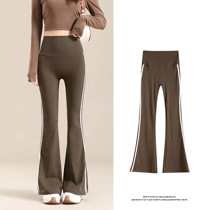 Sports White Stripe Micro Flared Leggings Women Tight Slim High Waist Horseshoe Pants Sexy Flared Trousers