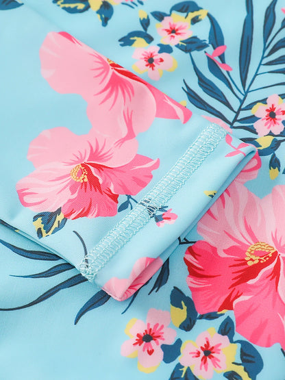 Girls Swimsuit One-Piece Long Sleeve Pink Floral Print Swimwear Beach Style Kids Tween Swim Rash Guard Summer