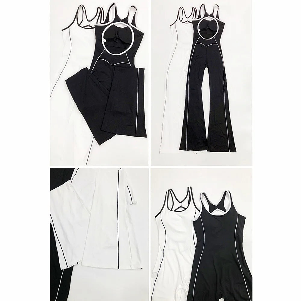 Pad Gym Women Jumpsuit Bell-bottoms Training Yoga Set Sportswear Women Sports Jumpsuit Fitness Rompers Stretch Workout Bodysuits