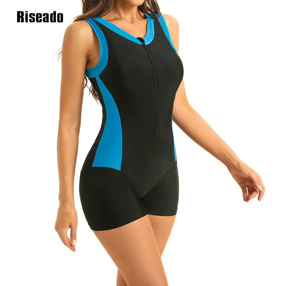 Women One Piece Swimsuit Sleeveless V Neck Beachwear Female Boyleg Swimwear with Zipper