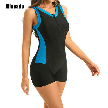 Women One Piece Swimsuit Sleeveless V Neck Beachwear Female Boyleg Swimwear with Zipper