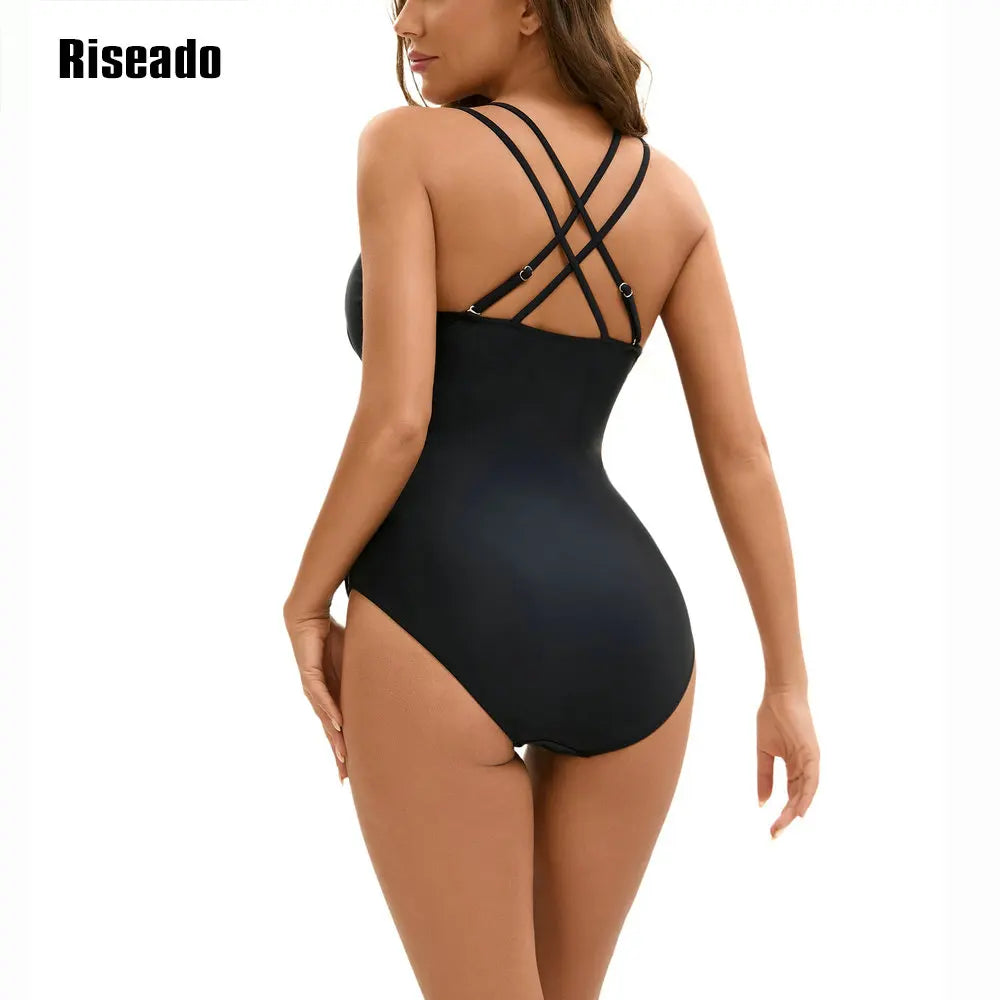 Women's One Piece Swimsuits Tummy Control Bathing Suits for Women's V Neck Criss Cross Ruched Push Up Slimming Swimwear