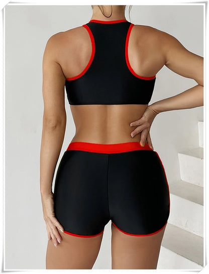Two Piece Swimsuit Women Zipper Tankini Set High Waist Shorts Swimwear Female Bathing Swimming Suit Sports Beachwear Summer