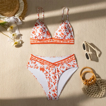 Flowers Printed High Cut Mid Waist Bikini Female Swimsuit Women Swimwear Two-pieces Bikini set Bather Bathing Suit Swim