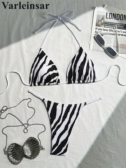 XS - L Zebra Design Halter Mini Thong Bikini Women Swimwear Female Swimsuit Two-pieces Bikini set Padded Bather Bathing Suit Swim