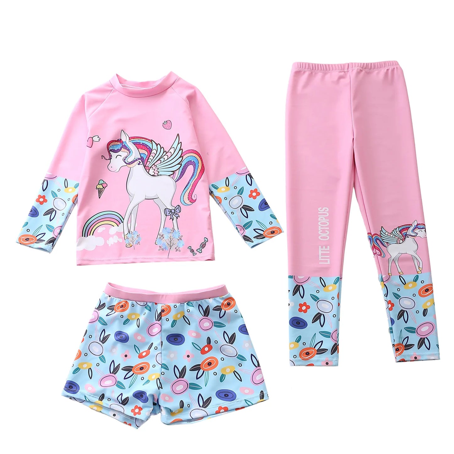 Kids Swimsuit for Girls Unicorn Long Sleeve Children's Swimwear + Surf Pants + Swimming Trunks Rash Guard Bathing Suit Child