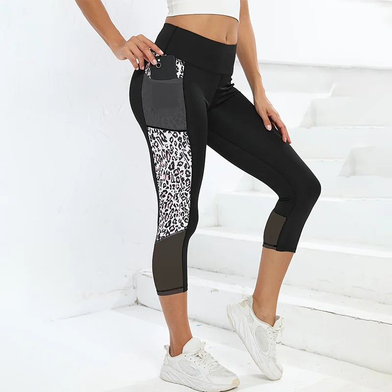 Marble Print Butt Lifting Sports Capri Leggings With Pockets, High Waisted Yoga Tight Capri Pants, Women's Activewear