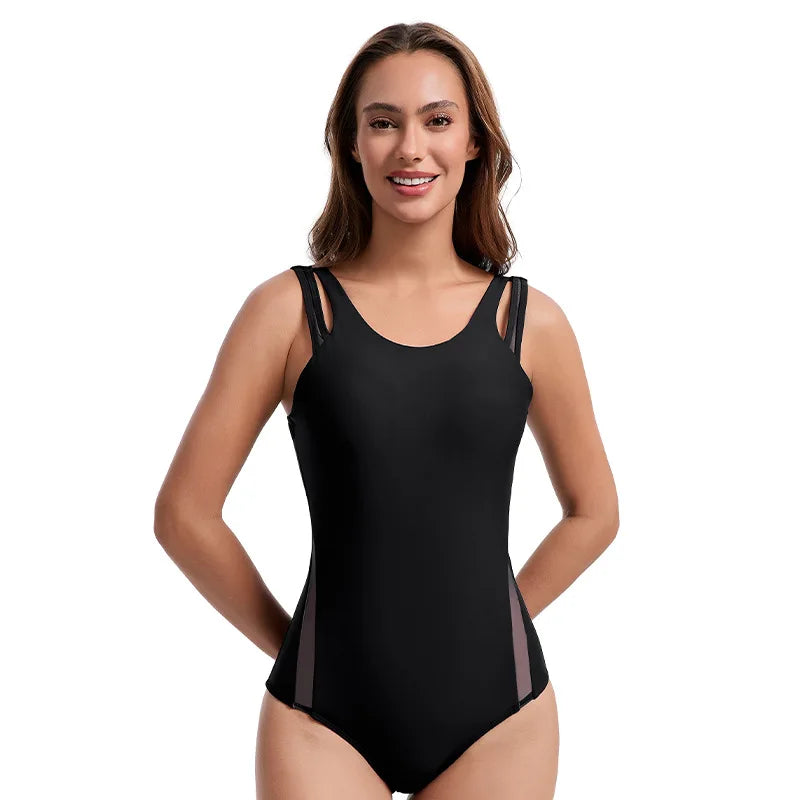 Women's One Piece Swimsuit Tummy Control Ruched Bathing Suit Solid Modest Sports Swimwear Mesh Beach Wear