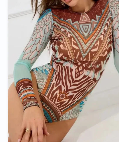Rash Guard Women's Printed Long Sleeved Swimsuit with Cup Cover Sun Protection Mesh Fabric One-piece Swimsuit Bathers