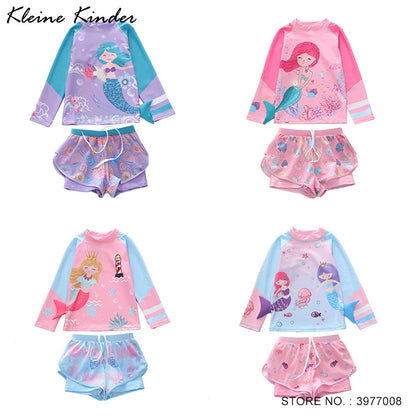 Girls Swimwear Long Sleeve Mermaid Swimming Suit Two Pieces Rash Guard Set Bathing Suit Kids Children's Swimsuit Girl 4-11 Years